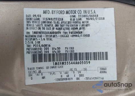 2004 Mercury Sable Ls Premium из США, поврежденный, VIN 1MEFM55S44A605059